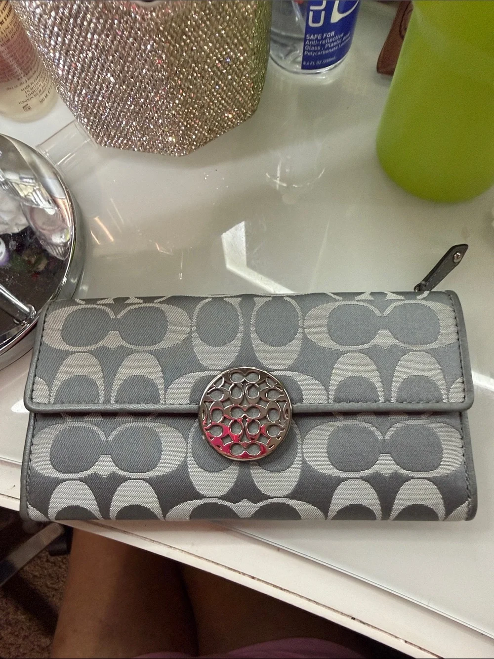 Coach Gray Signature Jacquard Wallet with Decorative Silver Medallion